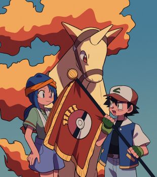 1boy 1girl :d ash_ketchum belt belt_buckle black_hair black_shirt blue_hair buckle child closed_mouth commentary_request fingerless_gloves flag gen_1_pokemon gloves green_gloves green_shirt hat headband highres holding holding_flag horse jacket lara_laramie long_hair nintendo open_mouth orange_headband pants poke_ball_print pokemon pokemon_(anime) pokemon_(classic_anime) pokemon_(creature) pokemon_ep033 rapidash shirt short_hair short_sleeves shorts smile towel towel_around_neck tyako_089