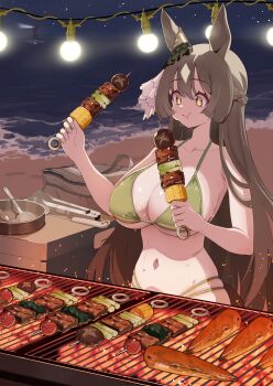 Rule 34 | + +, 1girl, absurdres, animal ears, bare shoulders, beach, bikini, blush, braid, breasts, brown eyes, brown hair, carrot, charcoal, cleavage, collarbone, commentary request, cooking, corn, double-parted bangs, ear ornament, eating, food, frying pan, green bikini, grill, grilling, hair between eyes, highres, holding, holding food, horse ears, horse girl, large breasts, lighthouse, long hair, meat, multicolored hair, naseul 777, navel, night, ocean, outdoors, satono diamond (umamusume), shish kebab, sky, solo, star (symbol), stomach, streaked hair, sweat, swimsuit, tongs, umamusume, very long hair