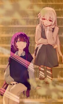 2girls antares_(alxy13d) arm_at_side arm_on_knee assault_lily blurry blurry_foreground boots brown_pants butterfly_hair_ornament closed_mouth collared_shirt commentary dress elbow_on_knee evening flower funada_kiito funada_ui green_eyes grey_boots grey_dress hair_flower hair_ornament hand_on_lap hand_up highres light_smile long_hair looking_at_another looking_down looking_to_the_side looking_up multicolored_eyes multiple_girls orange_eyes outdoors pants parted_lips pinafore_dress purple_eyes purple_hair purple_sweater_vest second-party_source shirt siblings sisters sitting sitting_on_stairs sleeveless sleeveless_dress stairs sweater sweater_vest very_long_hair white_dress white_flower white_hair white_sweater