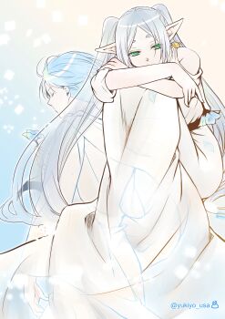 1boy 1girl blue_flower blue_hair blue_petals cape closed_eyes clothing_cutout crossed_arms dress earrings elf facing_away falling_petals flower forget-me-not_(flower) frieren gradient_background green_eyes grey_hair highres himmel_(sousou_no_frieren) holding holding_flower hugging_own_legs jewelry long_dress long_hair mole mole_under_eye petals pointy_ears robe short_hair shoulder_cutout sousou_no_frieren thick_eyebrows twintails upper_body white_cape white_dress white_robe yukiyo_usa
