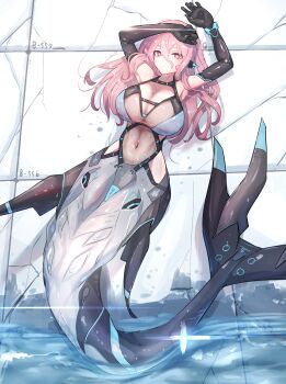 1girl absurdres black_gloves breasts bright_pupils closed_mouth commentary_request elbow_gloves gloves hair_between_eyes highres large_breasts long_hair mechanical_tail merfolk mermaid monster_girl natsukaze_shigure original pink_eyes pink_hair solo tail water wet wet_hair white_pupils