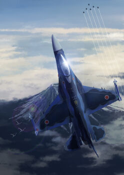 above_clouds aircraft airplane bird blue_sky cloud commentary_request contrail day fighter_jet flying high_up highres japan_self-defense_force lens_flare military military_vehicle missile mitsubishi_aam-3 mitsubishi_f-2 mount_fuji mountain no_humans original scenery sky timmyyen vehicle_focus volcano