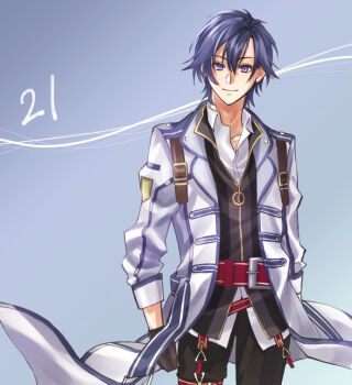 Rule 34 | 1boy, black gloves, black hair, closed mouth, coat, commentary request, countdown, cowboy shot, double-parted bangs, eiyuu densetsu, floating clothes, gloves, grey background, hair between eyes, hajimari no kiseki, lll15u18, long sleeves, looking at viewer, male focus, open clothes, open coat, purple eyes, rean schwarzer, short hair, simple background, smile, solo, upper body