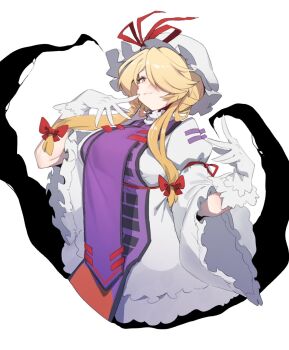 Rule 34 | 1girl, blonde hair, bow, closed mouth, commentary, dress, gap (touhou), gloves, hair bow, hair over one eye, hands up, hat, hat ribbon, highres, long hair, long sleeves, looking at viewer, mob cap, nyong nyong, purple tabard, red bow, red ribbon, ribbon, simple background, smile, solo, tabard, touhou, untranslatable commentary, upper body, white background, white dress, white gloves, white hat, wide sleeves, yakumo yukari, yellow eyes