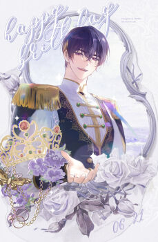 Rule 34 | 1boy, :d, black vest, blue hair, commentary request, dated, epaulettes, flower, grey background, hair between eyes, highres, jyan512, korean commentary, long sleeves, looking at viewer, male focus, marius von hagen (tears of themis), open mouth, puffy long sleeves, puffy sleeves, purple eyes, purple flower, rose, shirt, smile, solo, tears of themis, tiara, upper body, vest, watermark, white flower, white rose, white shirt