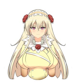 Rule 34 | 1girl, blonde hair, blush, breasts, buttons, closed mouth, commentary, double-breasted, dress, english commentary, flower, frilled hairband, frills, fur-trimmed collar, fur trim, hair between eyes, hair flower, hair ornament, hairband, highres, kometoze, large breasts, leo (senran kagura), long hair, looking at viewer, neck flower, puffy sleeves, purple eyes, red flower, red rose, rose, senran kagura, senran kagura new wave, simple background, smile, solo, upper body, white background, yellow dress, yellow hairband