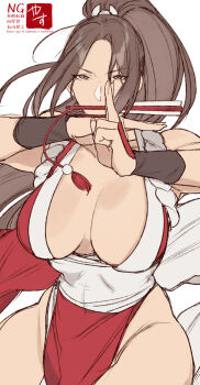 Rule 34 | 1girl, arm guards, breasts, breasts apart, brown eyes, brown hair, commentary request, fatal fury, female focus, folded fan, folding fan, hand fan, high ponytail, holding, holding fan, kuji-in, large breasts, long hair, looking at viewer, matching hair/eyes, motoyui, mouth hold, ninja, pelvic curtain, ponytail, revealing clothes, rope, shiranui mai, sidelocks, simple background, solo, the king of fighters, translation request, white background, wrist guards, yasunososaku