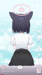 Rule 34 | 1girl, animal ears, black choker, black hair, blue archive, bra visible through clothes, cat ears, choker, clothes around waist, doodle sensei (blue archive), facing away, from behind, halo, highres, jacket, jacket around waist, kazusa (band) (blue archive), kazusa (blue archive), pink halo, rla13753, sensei (blue archive), shirt, short hair, short sleeves, sitting, solo, t-shirt, user interface, white shirt