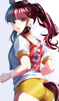 Rule 34 | 1girl, absurdres, animal ears, ass, blunt bangs, breasts, brown hair, buruma, commentary request, ear covers, gym shirt, hair between eyes, hair ornament, highres, horse ears, horse girl, horse tail, long hair, looking at viewer, looking back, lucky lilac (umamusume), open mouth, parted lips, purple eyes, shirt, side ponytail, solo, tail, umamusume, white shirt, ya-ya, yellow buruma