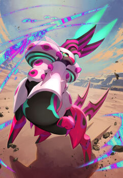 absurdres animal_focus aqua_eyes blue_sky bug cloud colored_sclera commentary_request day debris full_body gen_5_pokemon highres horns mega_pokemon mega_scolipede nintendo no_humans outdoors pokemon pokemon_(creature) pokemon_focus scolipede sky solo teo_(telo_ruka) yellow_sclera