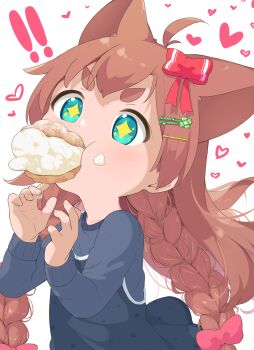 ! !! 1girl ahoge animal_ears blue_eyes bow braid brown_hair commentary_request food food_on_face hair_bow hair_ornament hairclip heart highres long_hair makuran momiji_(makuran) original partial_commentary red_bow solo thick_eyebrows twin_braids