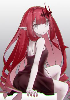 1girl ass baobhan_sith_(fate) bare_shoulders black_dress breasts dress fate/grand_order fate_(series) grey_eyes highres long_hair looking_at_viewer looking_back medium_breasts pink_hair pointy_ears short_dress sidelocks sitting thighs tiara yubeshi_(zecxl)