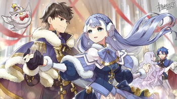 2boys 3girls berkut_(fire_emblem) berkut_(soiree)_(fire_emblem) bird blue_eyes blue_hair bow bowtie braid brown_eyes brown_hair cape commentary crown_braid dancing deirdre_(fire_emblem) deirdre_(masquerade)_(fire_emblem) english_commentary feh_(fire_emblem_heroes) fire_emblem fire_emblem:_genealogy_of_the_holy_war fire_emblem_echoes:_shadows_of_valentia fire_emblem_heroes fur-trimmed_cape fur-trimmed_sleeves fur_trim gloves hat highres katsura_ichiho long_hair multiple_boys multiple_girls nintendo official_art owl party_hat red_bow red_bowtie rinea_(fire_emblem) rinea_(soiree)_(fire_emblem) short_hair signature sigurd_(fire_emblem) sigurd_(masquerade)_(fire_emblem) smile
