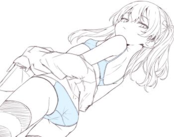 1girl ass blue_bra blue_panties bra clothes_down expressionless girls_und_panzer long_hair looking_at_viewer looking_back one_side_up osanai_sanday panties shimada_arisu shirt simple_background solo spot_color thighhighs underwear