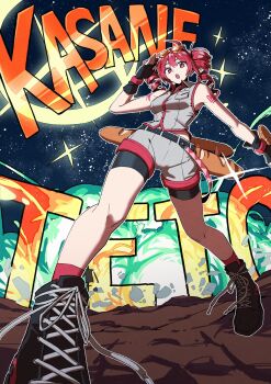 1girl ahoge armpits baguette bare_shoulders belt black_shoes blue_fire bread breast_pocket character_name drill_hair explosion eyewear_on_head fingerless_gloves fire food foreshortening gloves grey_shirt grey_shorts highres kasane_teto korean_commentary looking_at_viewer night pocket red_eyes red_hair red_socks salute shirt shoes short_shorts shorts shoulder_tattoo sky sleeveless sleeveless_shirt socks solo sparkle star_(sky) starry_sky sunglasses takeda_(5yogalaxy) tattoo twin_drills utau