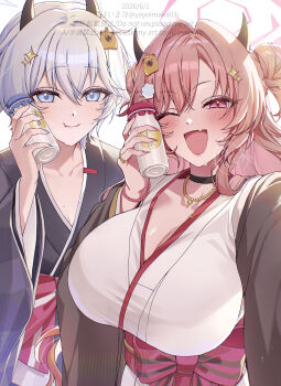 absurdres black_shirt blue_archive bottle breasts cleavage commentary_request demon_horns double_bun erika_(blue_archive) hair_bun halo highres horns huge_breasts japanese_clothes kimono kirara_(blue_archive) looking_at_viewer milk milk_bottle multiple_girls open_mouth pink_hair sash shirt short_hair smile white_hair yayoi_maka yukata