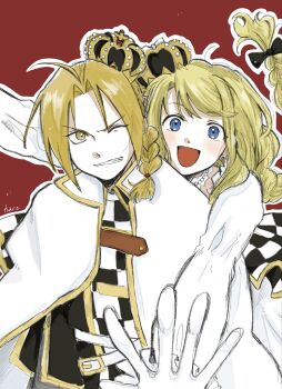 Rule 34 | 1boy, 1girl, ahoge, black bow, blonde hair, blue eyes, blush, bow, braid, cloak, commentary, crown, dress, edward elric, fullmetal alchemist, gold trim, grin, hair bow, hair over shoulder, hare87073434281, highres, long hair, one eye closed, open mouth, outstretched arms, parted bangs, parted lips, red background, single braid, smile, symbol-only commentary, teeth, upper body, white cloak, white dress, winry rockbell, yellow eyes