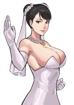 1girl absurdres alternate_costume breasts brown_eyes brown_hair capcom chun-li cleavage clenched_hand double_bun dress earrings elbow_gloves fighting_stance gloves hair_bun highres jewelry large_breasts lightsosis looking_at_viewer necklace pearl_necklace simple_background solo strapless strapless_dress street_fighter upper_body wedding_dress white_background white_dress white_gloves