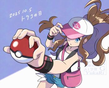 1girl baseball_cap black_vest blue_background blue_eyes brown_hair dated denim denim_shorts exposed_pocket hat high_ponytail highres hilda_(pokemon) holding holding_poke_ball long_hair looking_at_viewer nintendo open_clothes open_vest pink_bag poke_ball poke_ball_(basic) poke_ball_print pokemon pokemon_bw ponytail shirt shorts simple_background solo standing upper_body vest white_hat white_shirt wristband yukari_(yukari21653710)