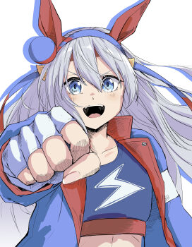 1girl absurdres animal_ears blue_eyes blue_hairband blue_jacket blue_sports_bra blush clenched_hand commentary_request ear_covers fingerless_gloves gloves grey_hair hairband highres horse_ears horse_girl jacket kichi_tik long_hair open_clothes open_jacket open_mouth solo sports_bra tamamo_cross_(umamusume) tamamo_cross_(with_lightning_speed)_(umamusume) umamusume white_gloves