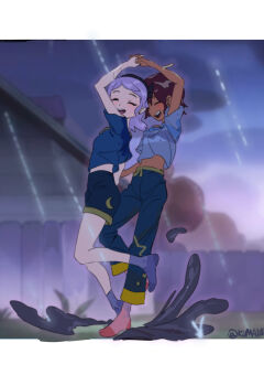 amity_blight brown_hair closed_eyes couple dancing hairband highres kuma20151225 luz_noceda midriff mud navel pants pointy_ears purple_hair rain short_hair short_shorts shorts smile socks the_owl_house wet wet_clothes yuri