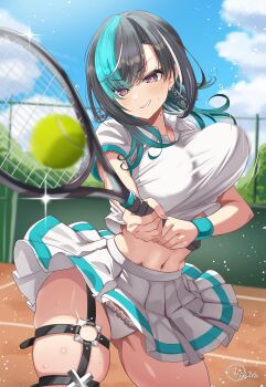 Rule 34 | 1girl, absurdres, alternate costume, aqua hair, aqua streaks, artist logo, ball, black hair, blue sky, blush, bouncing breasts, breasts, cloud, cloudy sky, collared shirt, commentary request, earrings, flying sweatdrops, frilled panties, frills, garter belt, hair between eyes, highres, holding, holding racket, holding tennis racket, hololive, hololive dev is, inokeiwd, jewelry, large breasts, logo, looking at object, medium hair, midriff, miniskirt, mole, mole on neck, motion blur, multicolored hair, nail polish, navel, o-ring, o-ring garter belt, o-ring thigh strap, outdoors, panties, pantyshot, parted lips, playing sports, pleated skirt, racket, red eyes, rindo chihaya, shirt, short sleeves, signature, skindentation, skirt, sky, smile, solo, sportswear, streaked hair, sweat, swinging tennis racket, tennis, tennis ball, tennis court, tennis racket, tennis uniform, thick thighs, thigh strap, thighs, unaligned breasts, underwear, virtual youtuber, white hair, white panties, white shirt, white skirt, white streaks, wristband
