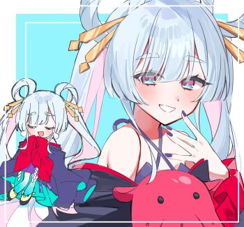 1girl bare_shoulders blue_background blue_eyes border chibi chibi_inset chou_kaguya-hime! closed_eyes hair_ornament hair_rings hair_stick hand_up hashtag-only_commentary highres japanese_clothes kimono long_hair long_sleeves looking_at_viewer nail_polish octopus off_shoulder ooo00_cha open_mouth purple_kimono purple_nails runami_yachiyo smile twintails white_border white_hair