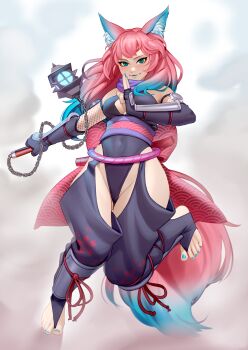 1girl absurdres animal_ear_fluff animal_ears arm_guards black_gloves black_leotard blue_hair blue_light blue_lips blue_nails blush breasts bridal_legwear closed_mouth clothing_cutout commission crotchless elbow_gloves feet fingerless_gloves fishnets flail fox_ears fox_girl fox_tail full_body gloves glowing glowing_weapon gradient_hair green_eyes groin highleg highleg_leotard highres hip_vent kairunoburogu kuji-in lantern leotard long_hair looking_at_viewer medium_breasts multicolored_hair nail_polish ninja original pink_hair purple_scarf sash saya_(atelier951) scarf shadow shin_guards simple_background smoke solo standing standing_on_one_leg stirrup_legwear tail toeless_legwear toenail_polish toenails toes two-tone_hair variant_set weapon white_background