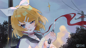 1girl absurdres ano_natsu_ga_houwa_suru._(vocaloid) bandaged_arm bandages blonde_hair blue_eyes blue_sailor_collar blush bow boxcutter cloud collarbone hair_bow hair_ornament hairclip highres holding holding_boxcutter kagamine_rin necktie power_lines sailor_collar self-harm shirt short_hair slit_throat solo star_(symbol) swept_bangs utility_pole vocaloid white_background white_shirt yellow_necktie yihi