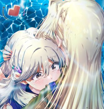 Rule 34 | 2girls, blonde hair, blush, brown eyes, brown hair, caustics, commentary request, crying, flower hairpin, hair ornament, hairclip, hand on another's head, heart, highres, hug, long hair, multiple girls, ouzuka mai, sena ajisai, sengoku chidori, streaming tears, tears, watashi ga koibito ni nareru wake naijan murimuri!, yuri