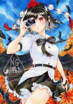 Rule 34 | 1girl, adversarial noise, alto2019, bird wings, black bow, black bowtie, black feathers, black hair, black skirt, black wings, blue sky, bow, bowtie, camera, collared shirt, commentary request, cowboy shot, day, falling feathers, feathered wings, feathers, frilled skirt, frills, hat, hauchiwa, highres, holding, holding camera, open mouth, pointy ears, pom pom (clothes), puffy short sleeves, puffy sleeves, red eyes, red hat, sample watermark, shameimaru aya, shirt, short sleeves, signature, skirt, sky, solo, taking picture, tokin hat, touhou, watermark, watermark grid, white shirt, wings