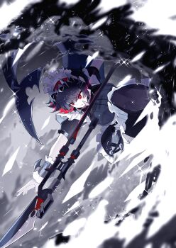 absurdres apron black_hair commentary_request ellen_joe fins fish_tail hair_between_eyes highres looking_at_viewer maid maid_apron maid_headdress medium_hair red_eyes shark_girl shark_tail tail white_headdress zenless_zone_zero zeroartwo