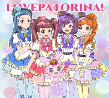 4girls :d aiba_tsubasa_(girls_x_heroine) animification aose_kohana back_bow belt black_belt black_hairband blonde_streaks blue_bow blue_bowtie blue_dress blue_hair blue_hat blue_streaks blue_thighhighs blush bow bowtie brown_hair buttons chibikemo closed_mouth collared_dress colorful_background commentary creature dot_nose dress emblem english_text feet_out_of_frame frilled_dress frilled_sleeves frilled_wrist_cuffs frills girls_x_heroine gold_buttons gold_trim hairband hands_on_another's_shoulders hat heart heart_in_eye high_ponytail high_side_ponytail idol jacket lapels layered_dress long_hair looking_at_viewer lovepat_blue lovepat_pink lovepat_purple lovepat_shine lovepyoco magical_girl medallion mini_hat multicolored_dress multicolored_fur multicolored_hair multiple_girls nanairo_sora onomekaman open_mouth orange_hair outline pink_bow pink_bowtie pink_dress pink_eyes pink_fur pink_hat pink_streaks pink_thighhighs plaid_clothes plaid_dress police police_hat police_uniform police_x_heroine_lovepatrina! policewoman ponytail puffy_short_sleeves puffy_sleeves purple_bow purple_bowtie purple_dress purple_eyes purple_fur purple_hair purple_hat purple_streaks purple_thighhighs rabbit red_hat shiraha_sarai short_hair short_sleeves smile split_mouth straight_hair streaked_hair studded_belt swept_bangs symbol_in_eye teeth thighhighs tilted_headwear tokusatsu twintails two-tone_fur two-tone_hair upper_teeth_only v_arms white_jacket white_outline white_wrist_cuffs wrist_cuffs yellow_thighhighs