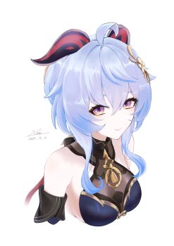 1girl ahoge artist_name bare_shoulders black_dress blue_dress blue_hair breasts dated detached_sleeves dress ganyu_(genshin_impact) ganyu_(twilight_blossom)_(genshin_impact) genshin_impact gradient_clothes gradient_dress hainseiv hair_ornament highres horns long_hair looking_at_viewer medium_breasts official_alternate_costume official_alternate_hairstyle purple_eyes see-through_cleavage see-through_clothes sidelocks solo upper_body white_background