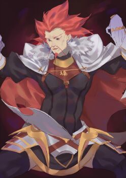 Rule 34 | abs, astolfo (fate), astolfo (fate) (cosplay), astolfo (rider) (fate), astolfo (rider) (fate) (cosplay), black thighhighs, cape, comic lo, cosplay, cowboy shot, facial hair, fate/grand order, fate (series), fighting stance, fur-trimmed cape, fur trim, gauntlets, goatee, gorget, hak foo, highres, jackie chan adventures, muscular, muscular male, mustache, red cucumber, red hair, skirt, spiked hair, thighhighs, two-sided cape, two-sided fabric