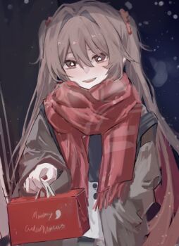 1girl box brown_hair brown_jacket cold genshin_impact highres hu_tao_(genshin_impact) jacket nayuta_(8888_mugen) red_eyes red_scarf scarf smile symbol-shaped_pupils twintails