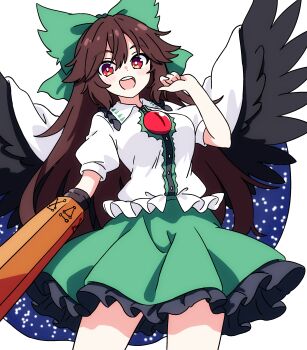 1girl absurdres arm_cannon bird_wings black_wings bow brown_hair cape collared_shirt commentary control_rod_(touhou) feathered_wings frilled_shirt_collar frilled_skirt frills green_bow green_skirt hair_bow highres long_hair looking_at_viewer open_mouth pioartstuff puffy_short_sleeves puffy_sleeves red_eyes reiuji_utsuho shirt short_sleeves simple_background skirt smile solo starry_sky_print teeth third_eye third_eye_on_chest touhou upper_teeth_only very_long_hair weapon white_background white_cape white_shirt wings