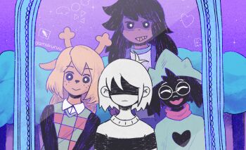 1boy 1other 2girls aamakuruu alternate_hair_color androgynous animal_ears animated animated_gif antenna_hair antlers artist_name black_eyes black_hair blonde_hair bright_pupils cardigan checkered_sweater_vest closed_eyes closed_mouth collared_shirt colored_teeth commentary deer_ears deltarune freckles furry furry_female furry_male glasses green_hat grin hat horns kris_(deltarune) long_hair long_sleeves looking_at_mirror looking_at_viewer mirror multiple_girls no_eyes noelle_holiday omocat_(style) omori open_cardigan open_clothes open_mouth pink_scarf purple_cardigan purple_sky ralsei ralsei_(hat) reindeer_antlers reindeer_girl round_eyewear scarf shaded_face sharp_teeth shirt short_hair sky smile susie_(deltarune) sweater t-shirt teeth the_fun_gang tree utdr_(toby_fox) white-framed_eyewear white_pupils white_shirt yellow_teeth