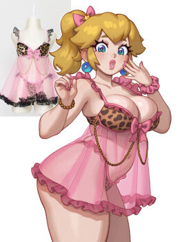 1girl absurdres alternate_costume alternate_eyebrows alternate_hairstyle animal_print blonde_hair blue_eyes blush bra breasts crown curvy earrings frilled_bra frilled_negligee frills highres jewelry large_breasts leopard_print leopard_print_panties lingerie long_hair mario_(series) nail_polish navel negligee nintendo open_mouth panties photo_inset pink_nails pink_negligee princess_peach print_panties reference_inset riz screenshot_inset see-through_clothes sphere_earrings thick_eyebrows thick_lips thick_thighs thighs underwear