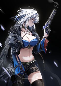 1girl absurdres asymmetrical_legwear black_jacket breasts cleavage cropped_jacket cropped_torso duplicate ear_piercing galbrena_(wuthering_waves) gun hair_intakes highres holding holding_gun holding_weapon jacket navel piercing pixel-perfect_duplicate shiraitoart983 single_thighhigh smoke smoking_barrel solo thighhighs thighs uneven_legwear weapon wuthering_waves