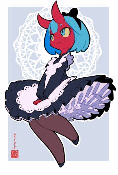 1girl :3 absurdres apron aqua_eyes aqua_hair black_dress black_shoes blush border brown_pantyhose closed_mouth colored_sclera colored_skin commentary_request demon_girl demon_horns dress eyelashes frilled_dress frills full_body highres horns iwako_(eiken3kyuboy) long_sleeves maid original outline pantyhose red_skin shoes short_hair skin-covered_horns smile solo white_apron white_border white_outline yellow_sclera