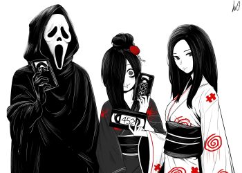 1boy 2girls absurdres bags_under_eyes black_cloak black_eyes black_hair cassette_tape character_request cloak closed_mouth commentary copyright_request english_commentary ghostface hair_over_one_eye highres hood hooded_cloak japanese_clothes kimono limited_palette long_hair looking_at_viewer lughost multiple_girls print_kimono scream_(movie) signature simple_background smile standing the_ring white_background wide-eyed yamamura_sadako