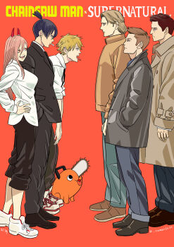 1girl 5boys black_hair black_jacket black_necktie black_pants black_shoes black_suit blonde_hair blue_pants bow breasts brothers brown_hair brown_jacket brown_shoes castiel chainsaw chainsaw_man cigarette coat collared_shirt copyright_name creature dean_winchester demon_girl denji_(chainsaw_man) earrings formal_clothes full_body furrowed_brow grey_coat grey_jacket hair_between_eyes hand_in_pocket hand_on_own_hip hayakawa_aki highres horns jacket jewelry large_breasts long_hair looking_at_another medium_hair multiple_boys necktie open_mouth pants pants_rolled_up parted_bangs pink_hair pochita_(chainsaw_man) ponytail power_(chainsaw_man) red_bow red_eyes red_horns sam_winchester shirt shoes short_hair short_ponytail siblings sickpoly7188 smile smoking sneakers suit suit_jacket supernatural_(tv_series) tongue tongue_out trench_coat twitter_username white_shirt white_shoes