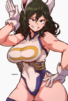 1girl animal_ears aosora2823 artist_name bodysuit boku_no_hero_academia breasts cosplay gloves green_hair hand_on_own_leg highres large_breasts leotard looking_to_the_side mirko mirko_(cosplay) rabbit_ears sharp_teeth simple_background smile solo teeth tokage_setsuna white_background white_gloves white_leotard