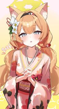1girl alternate_costume alternate_hairstyle animal_ears blue_archive blue_eyes blush breasts cat_ears flower hair_flower hair_ornament japanese_clothes kimono long_hair mari_(blue_archive) orange_hair own_hands_clasped own_hands_together small_breasts solo teeth twitter upper_teeth_only urashima_jiro
