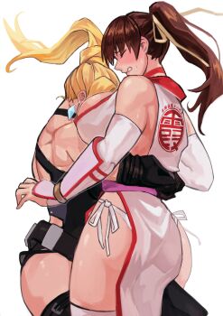 2girls absurdres ass black_legwear blonde_hair breasts cleavage dead_or_alive dead_or_alive_5 dead_or_alive_6 hair_down highres kasumi_(doa) large_breasts multiple_girls ninja_gaiden ponytail rachel_(ninja_gaiden) simple_background thighhighs white_background