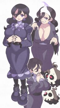 1girl @_@ absurdres black_hair breasts cleavage hair_between_eyes hex_maniac_(pokemon) hex_maniac_(pokemon_legends:_z-a) highres inkerton-kun large_breasts lips long_hair mature_female mojyo nintendo pokemon pokemon_(creature) pokemon_xy shirt simple_background tagme white_background white_shirt