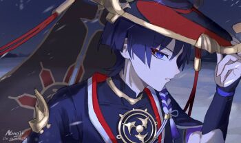 Rule 34 | 1boy, armor, artist name, black bodysuit, black hat, black kimono, black sleeves, black veil, blunt ends, bodysuit, choppy bangs, commentary request, covered collarbone, eyelashes, eyeliner, genshin impact, gold, gold trim, grey pupils, hat, hat tip, japanese armor, japanese clothes, jewelry, jingasa, juban, kimono, kote, kurokote, layered sleeves, makeup, male focus, mitsudomoe (shape), neck ring, night, nonoji (nonoji ekaki), outdoors, parted lips, portrait, purple eyes, purple hair, purple rope, purple sleeves, red eyeliner, red hat, red kimono, rope, scaramouche (genshin impact), shimenawa, short sleeves, single sode, snowing, solo, tassel, tilted headwear, tomoe (symbol), tsurime, two-tone hat, veil, watermark, white kimono, white mouth, white rope