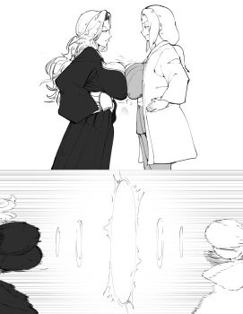 2girls black_kimono bleach bouncing breast_press breasts cropped_legs eye_contact from_side hands_on_own_hips hanging_breasts highres huge_breasts japanese_clothes kimono long_hair looking_at_another matsumoto_rangiku monochrome multiple_girls naruto_(series) plow_(witch_parfait) smirk smug symmetrical_docking tsunade_(naruto) unaligned_breasts