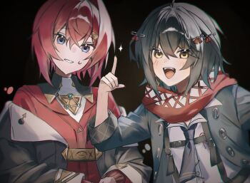 Rule 34 | 1boy, 1girl, :d, ange katrina, ange katrina (1st costume), black background, black coat, black hair, black jacket, blue eyes, blue necktie, blush, brown nails, cardigan, chest harness, coat, crossed bangs, grin, hair between eyes, hair ornament, hand up, harness, hashtag-only commentary, highres, index finger raised, inha chupi, jacket, looking at viewer, mashiro meme, mashiro meme (1st costume), medium hair, multicolored eyes, nail polish, necktie, nijisanji, nose blush, off shoulder, open mouth, purple eyes, red cardigan, red hair, red scarf, safety pin hair ornament, scarf, shirt, simple background, smile, sparkle, square-end necktie, sweatdrop, teeth, three-quarter sleeves, triangle hair ornament, two-tone eyes, upper teeth only, virtual youtuber, white shirt, yellow eyes